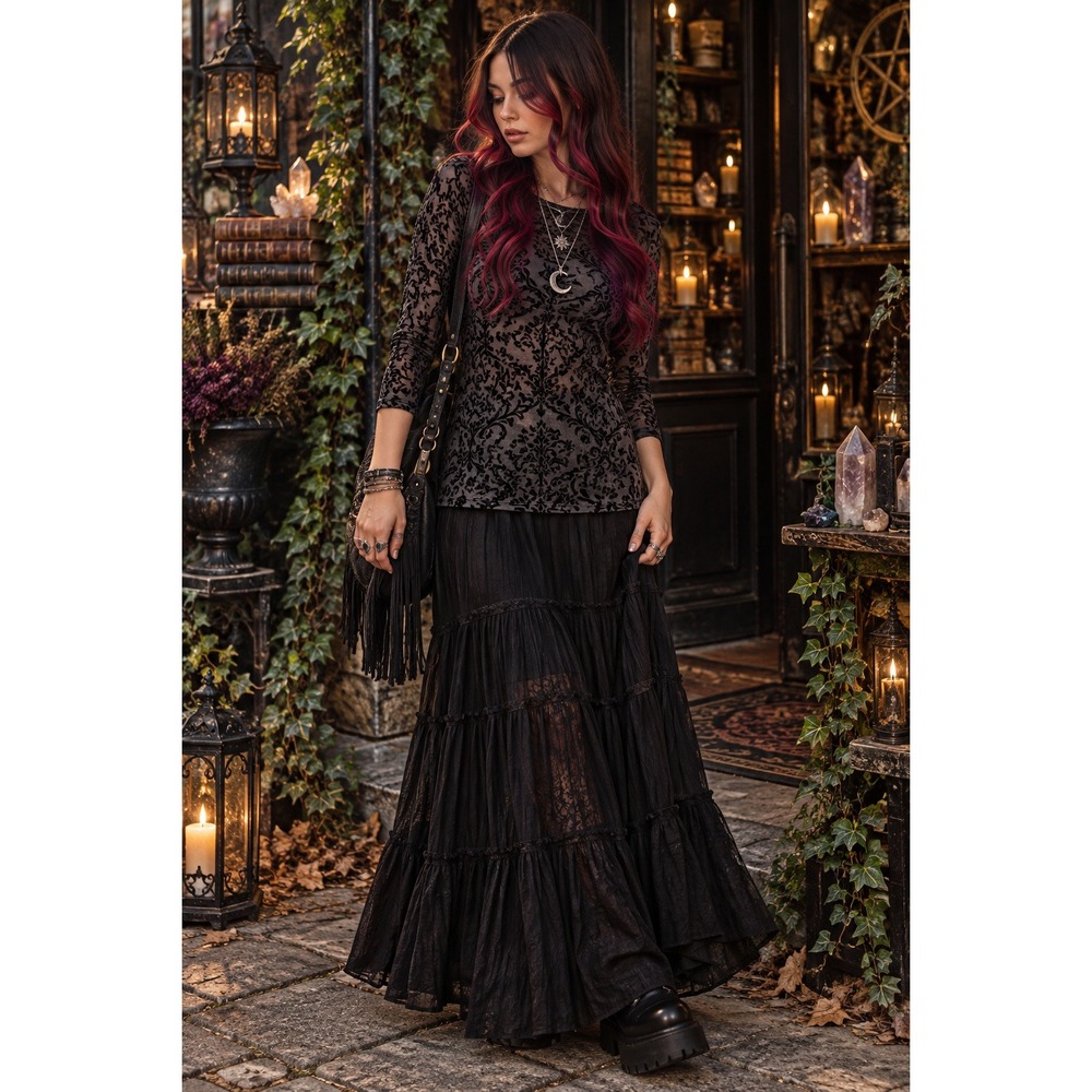Sheer Velvet Burnout Top Black Size‎ XS Whimsigoth Witchy Vamp Gothic Romantic
